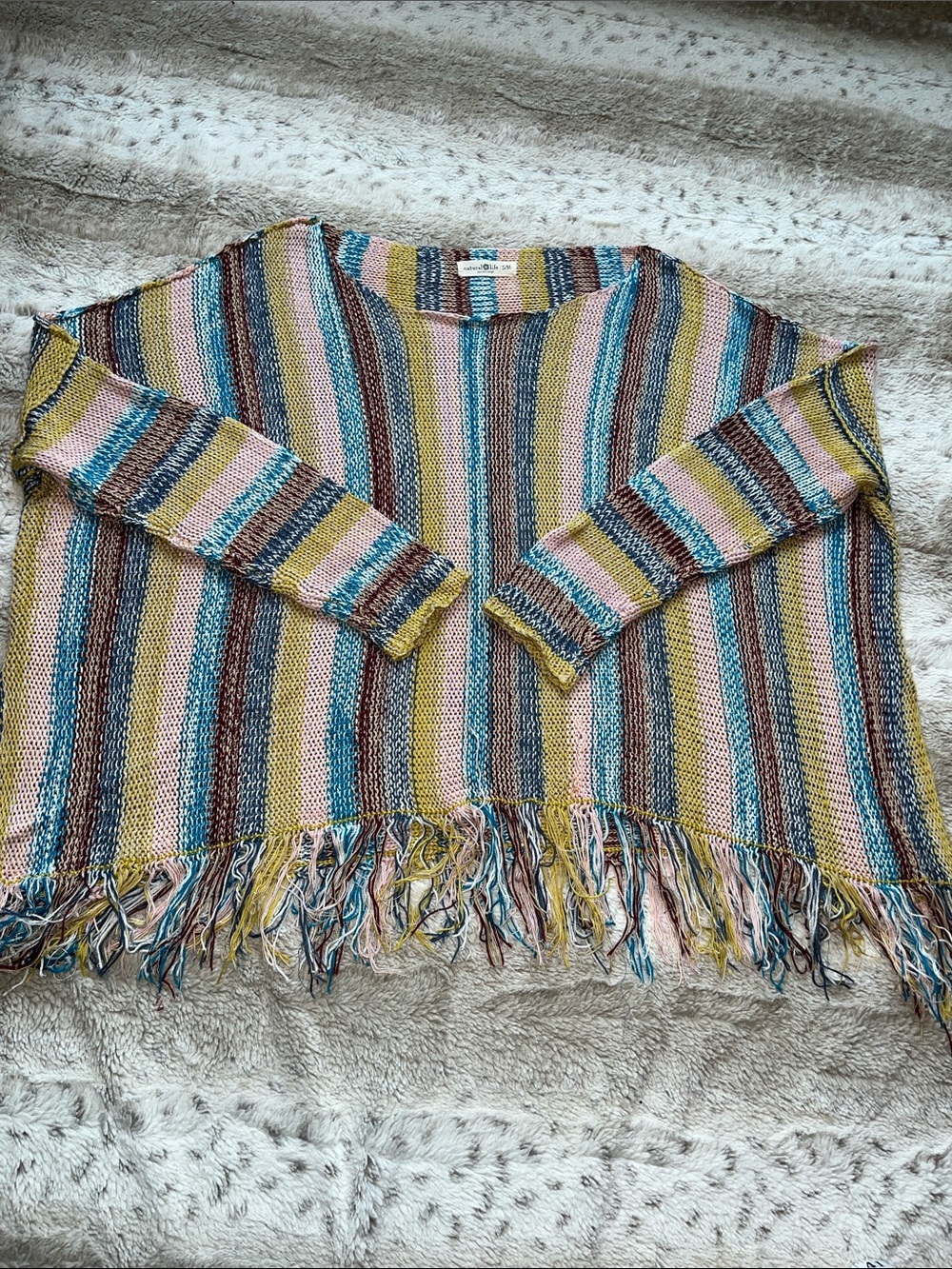 Natural Life Multicolor Striped Fringe Boxy Crewneck Sweater - Picture 2 of 4